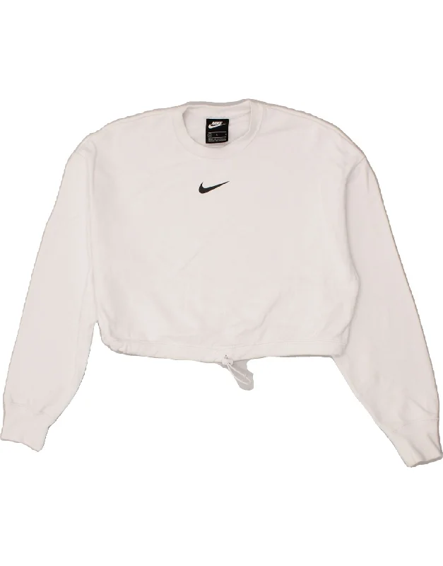 NIKE Womens Oversized Crop Graphic Sweatshirt Jumper UK 14 Medium White Hoodie with Tie-Dye Psychedelic Retro