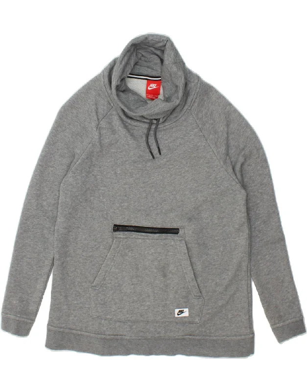 NIKE Womens Roll Neck Sweatshirt Jumper UK 10 Small Grey Cotton Hoodie with Hem Drawcord Adjustable Customizable