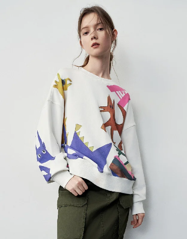 Printed Crew Neck Loose Sweatshirt Hoodie with High-Low Hem Asymmetrical Trendy