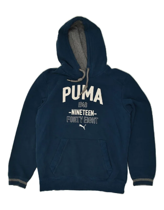 PUMA Mens Graphic Hoodie Jumper Small Navy Blue Hoodie with Hidden Zipper Minimalist Clean