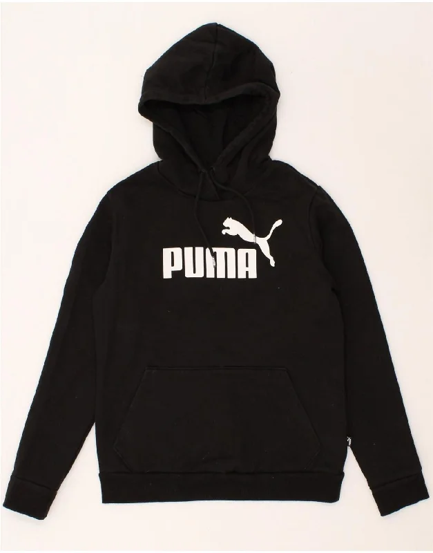 PUMA Womens Graphic Hoodie Jumper UK 10 Small Black Cotton Hoodie with Neon Bright Vibrant