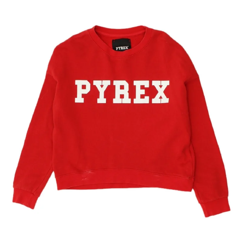 PYREX Womens Red Logo Sweatshirt | Vintage Casual Designer Pullover Jumper VTG Hoodie with Mock Neck Collared Structured