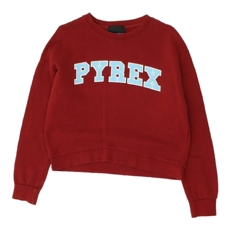 Pyrex Womens Short Red Spellout Logo Sweatshirt | Vintage Designer Jumper VTG Hoodie with V-Neck Classic Versatile