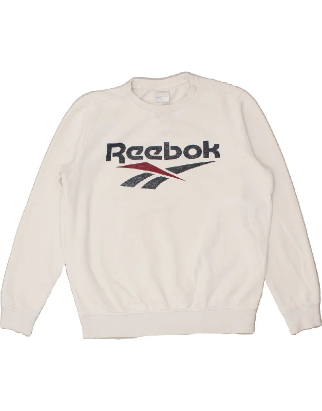 REEBOK Womens Oversized Graphic Sweatshirt Jumper UK 14 Medium White Hoodie with Patch Decorative Personalized