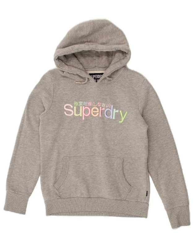 SUPERDRY Womens Graphic Hoodie Jumper UK 12 Medium Grey Cotton Hoodie with Hem Contrast Bold Stylish