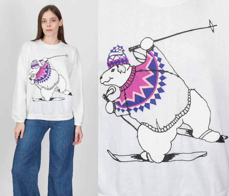 Vintage Skiing Polar Bear Sweatshirt - Large Hoodie with Drawstring Waist Adjustable Fitted