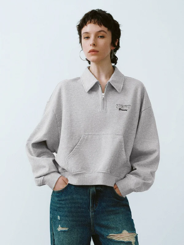 Zip Half Placket Oversized Sweatshirt Hoodie with Puffed Sleeves Voluminous Trendy