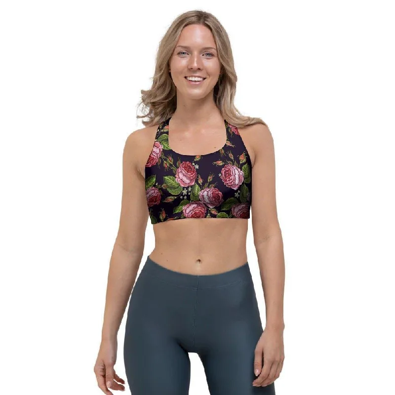 Pink Rose Print Sports Bra Active Wear Bra