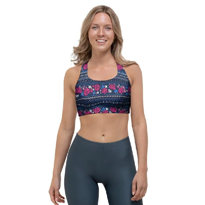 Pink Rose Tribal Aztec Sports Bra Breathable Full Coverage