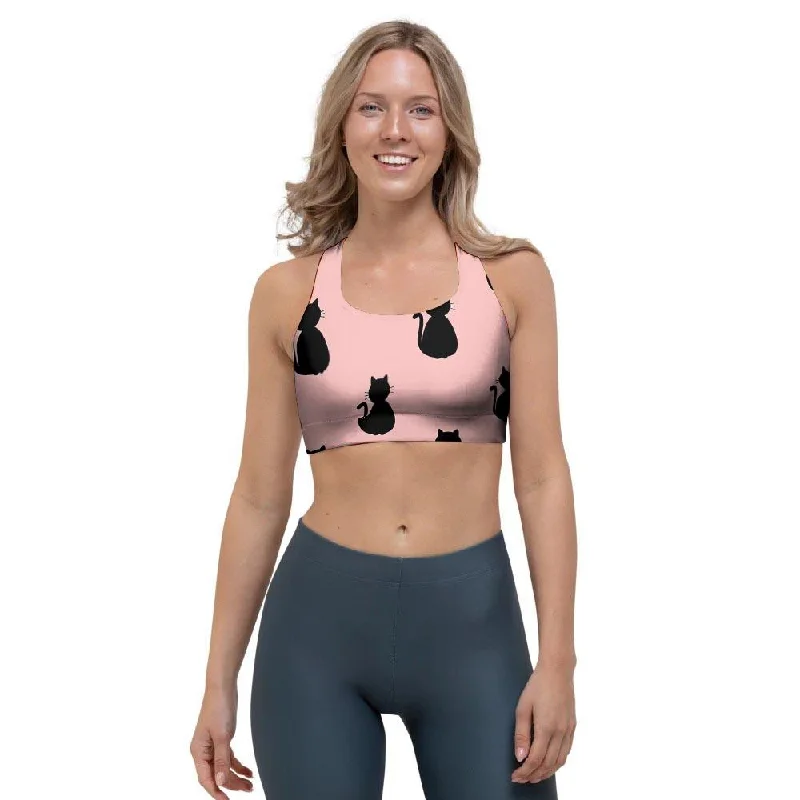 Pink Silhouette Cat Print Sports Bra Full Coverage Bralette