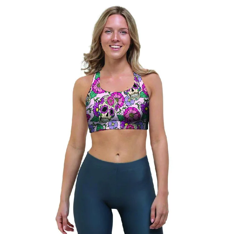 Pink Sugar Skull Floral Sports Bra Adjustable Comfort Bra