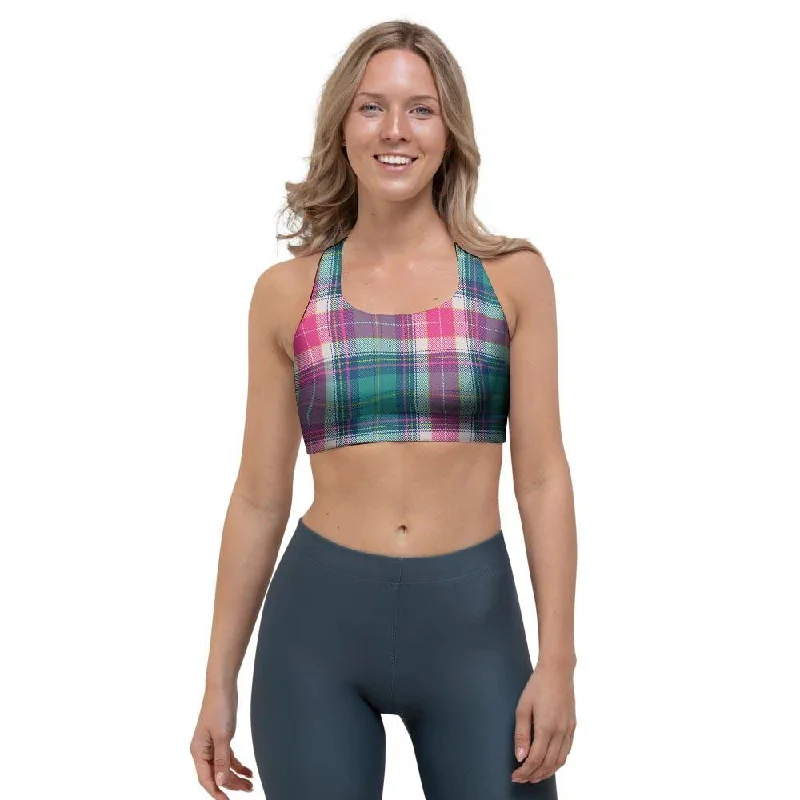 Pink Teal Plaid Tartan Sports Bra Soft Cotton Bra