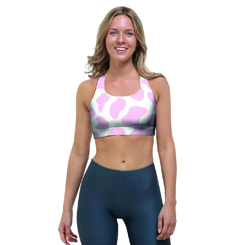 Pink White Cow Print Sports Bra Adjustable Back Bra