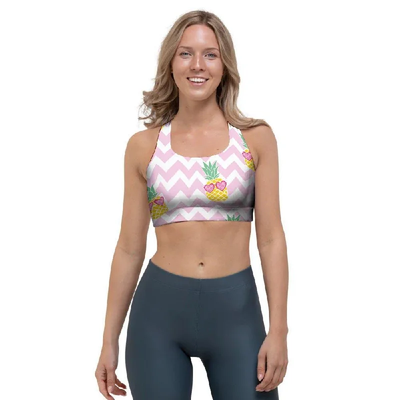 Pink Zig Zag Pineapple Print Sports Bra Supportive Wireless Bra