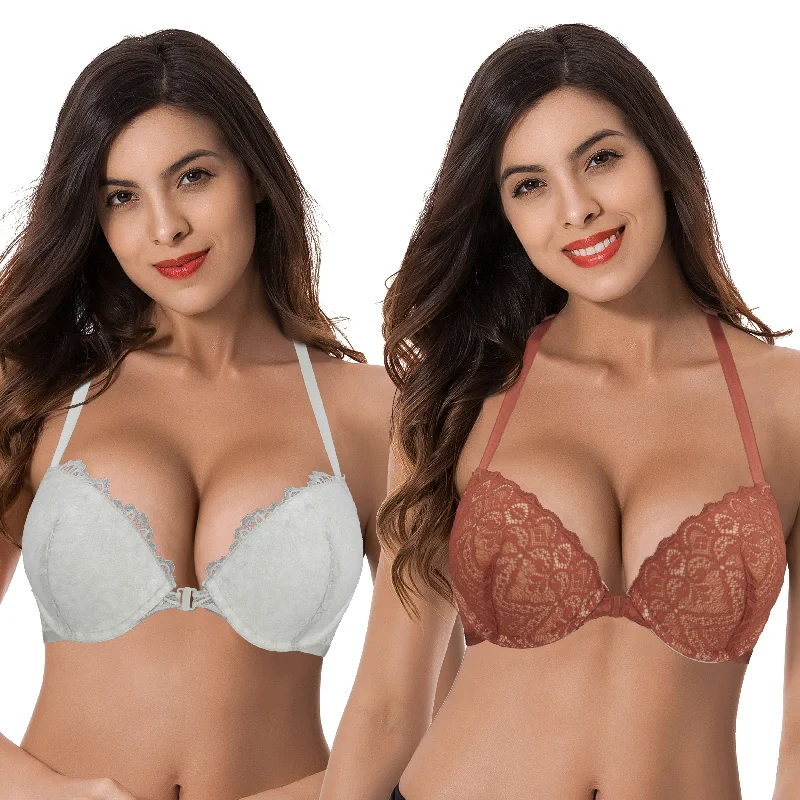 Women's Push Up Add 1 and a half Cup Underwire Halter Front Close Bras Contour Bra Style