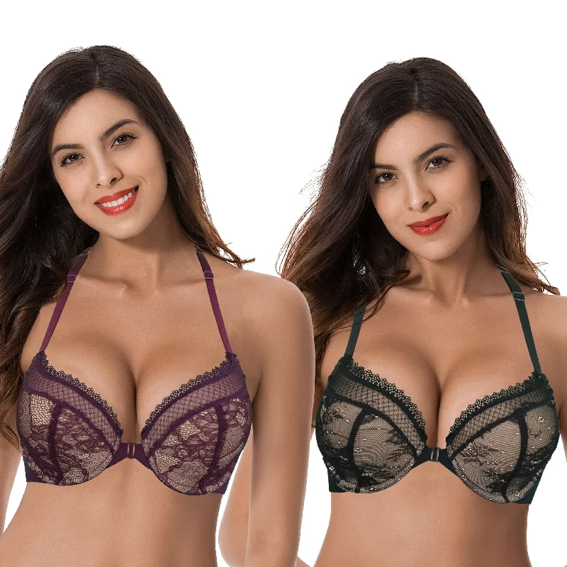 Women's Plus Size Add 1 Cup Push Up Underwire Halter Front Close Bras Soft Lace Bra