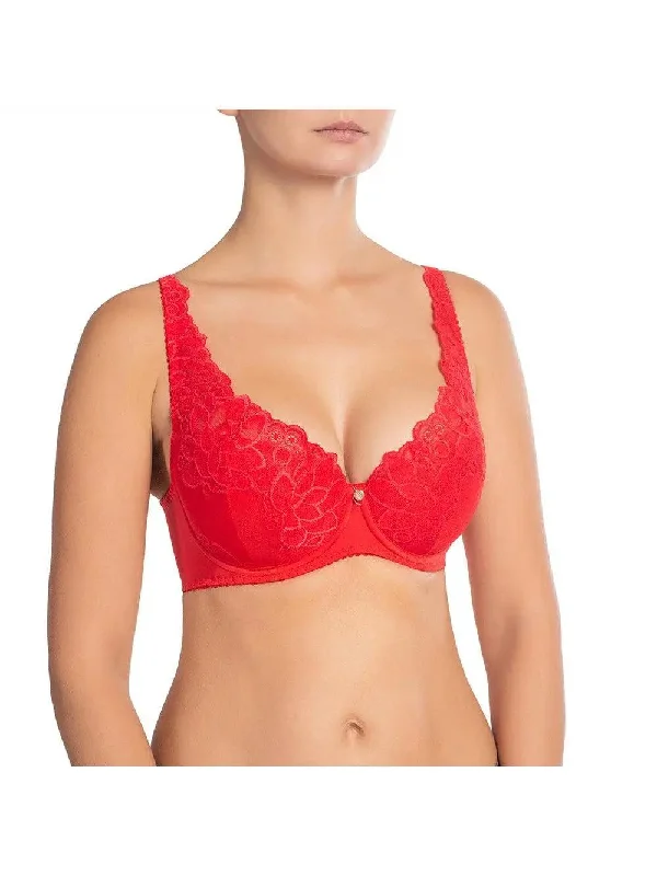 Red Catharina Balkonette Bra with Lace Overlay Trendy Lace Bra
