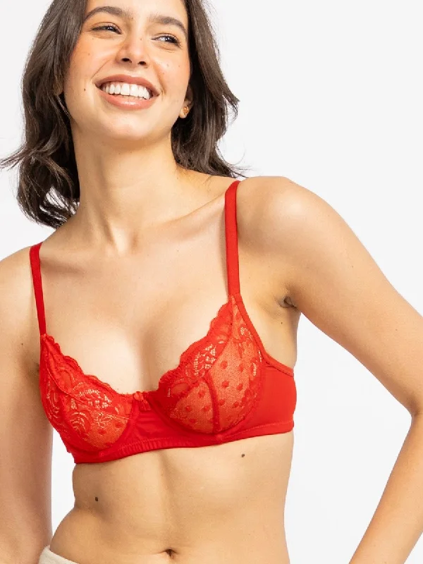 Red Floral Lace Non Padded All Day Comfort Underwired Bra Soft Cotton Bra