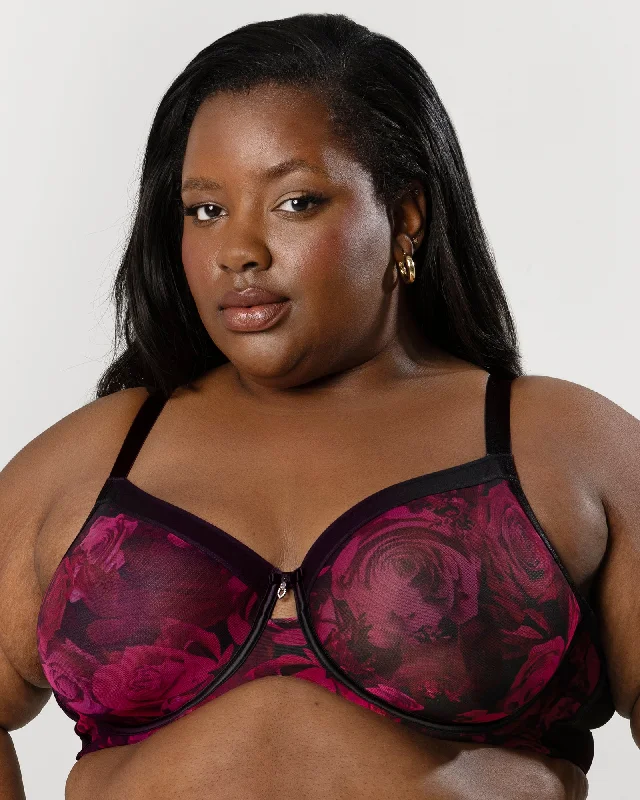 Sheer Mesh Full Coverage Unlined Underwire Bra - Dramatic Roses High Support Sports Bra
