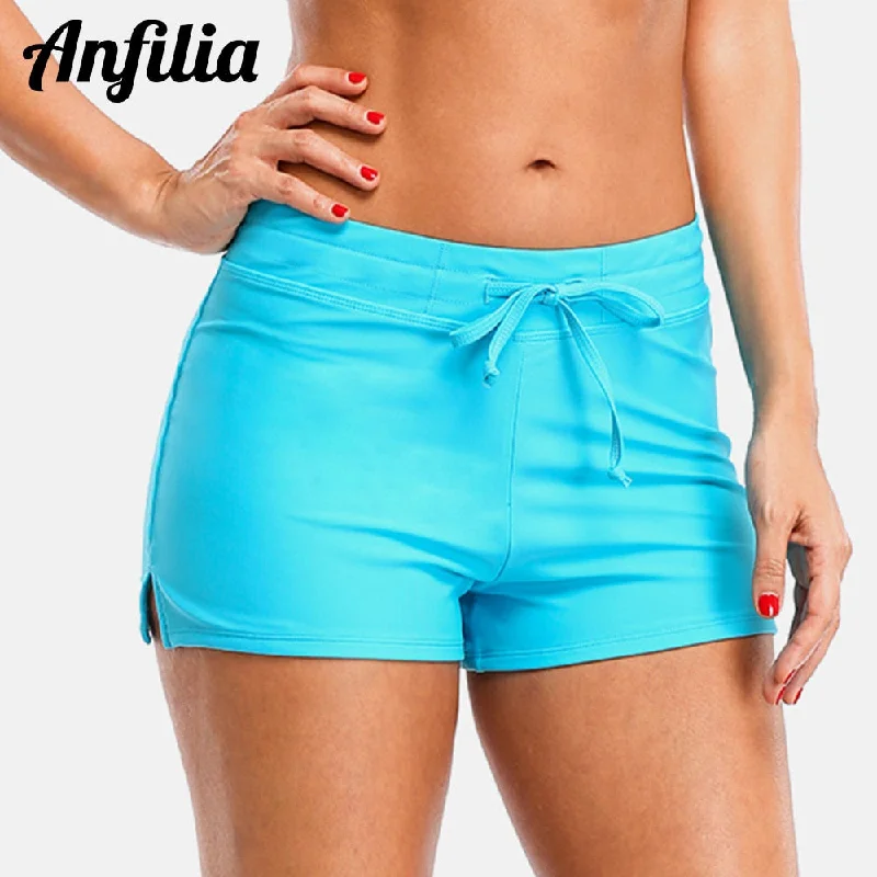 Anfilia Swimming Trunks Women Bikini Bottom Solid Color Swimwear Briefs Split Bandage Boy Shorts Mesh Detail Bikini