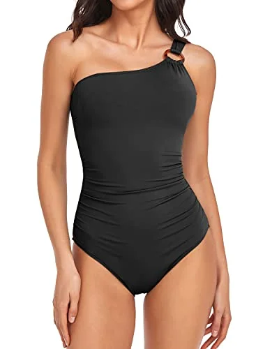 Flattering Tummy Control O-Ring Modest One Shoulder Swimsuit for Women Push-Up Swimsuit Top