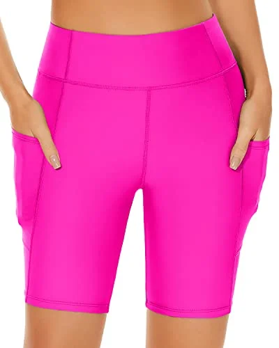 High Waisted Board Shorts Tummy Control Swim Shorts-Neon Pink High-Waist Bikini Set