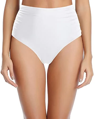 Lace Up Strappy Side Swim Bottoms High Waisted Bikini Bottoms-White Sleek Mesh Bikini