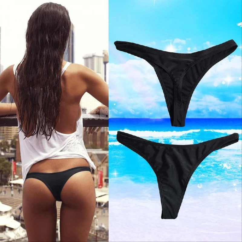 Hot Sale Women Sexy Bikini Bottom Swimwear Beach Bathing T-Back Thong G-string Black Bathing Swimming Beach Swimwear Trunks Shiny One-Piece Swimsuit