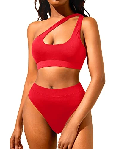 One Shoulder Two Piece Swimsuits Women's High Waisted Bikini Set Trendy Swimwear Set