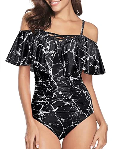 Stylish Tummy Control Swimwear for Women Off Shoulder Vintage Ruffle One Piece Swimsuits Sleek Full Coverage