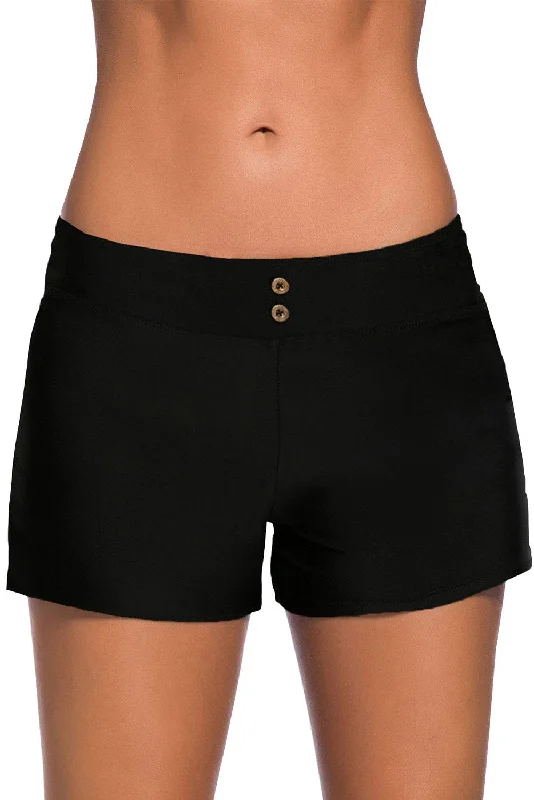 Women Black Eyelets Waistband Swim Boyshorts Sleek Full Coverage