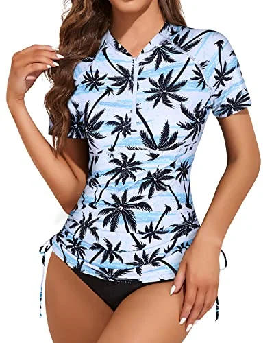 Women's Short Sleeve Swim Shirt With Built In Bra And Bottom-Black Palm Tree Tropical Print One-Piece