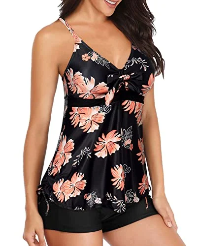 Two Piece Tankini Swimsuit With Shorts Tummy Control Bathing Suit For Women-Black Orange Floral Bold High-Cut Bikini