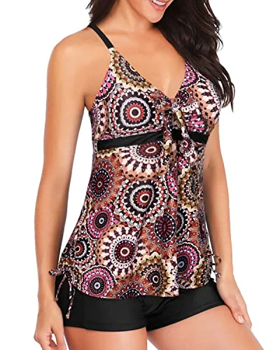 Flowy Tankini Top With Shorts Bathing Suit Tummy Control Swimwear For Women-Brown Print Solid Color Swimsuit