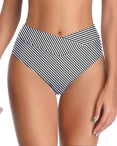 Cheeky Bikini Bottom With V Cut And Twist Swim Bottom-Black And White Stripe Fun Pattern Swimsuit