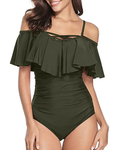 Adjustable Spaghetti Shoulder Strap One Piece Swimsuit Off Shoulder Swimsuit-Army Green Two-Piece Beachwear