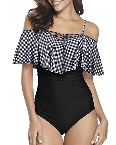 Removable Push-Up Padded Bra Swimsuits Criss-Cross Lace-Up For Women-Black And White Checkered Crisscross Back Swimsuit