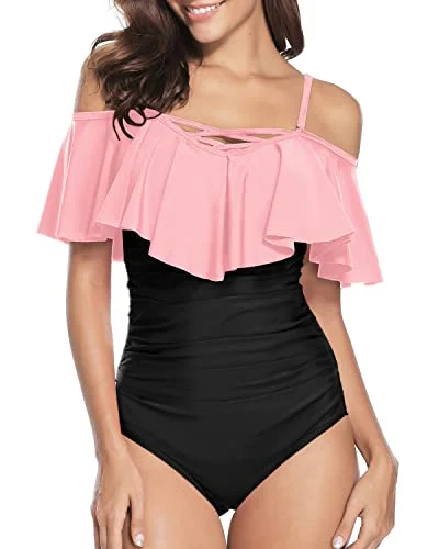 Lace Up Vintage Ruffle Swimwear For Women Off Shoulder One Piece Swimsuit-Pink And Black Vintage Swimwear Look