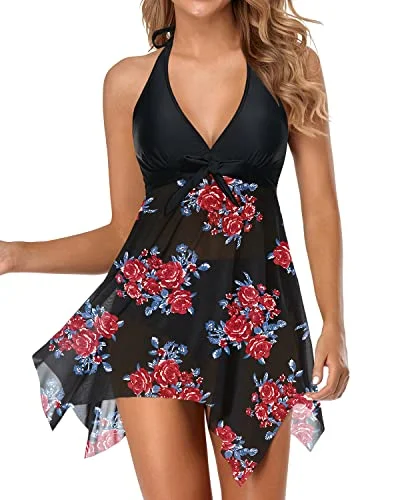 Mesh Halter Bathing Suit Dress Tankini Top With Tummy Control Shorts For Women-Blue Floral Minimalist One-Piece