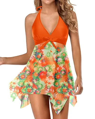 Backless Mesh Swim Dress With Tummy Control Shorts-Orange Vibrant Bikini Bottoms