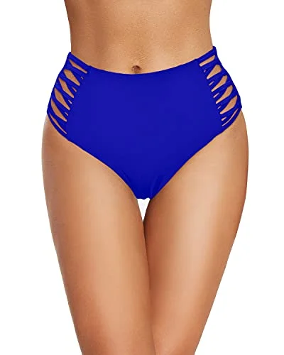 Retro High Waisted Bikini Bottom Strappy Side Full Coverage Swimsuit Bottom-Royal Blue Bold High-Cut Bikini