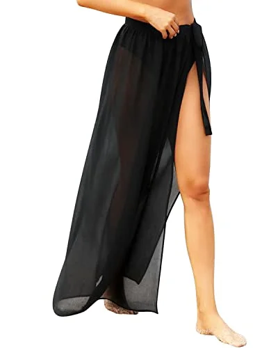 Semi Sheer Swimsuit Wrap Skirt Coverups For Women-Black Adjustable Strap Swimsuit