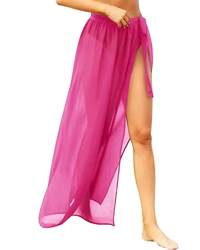 Women's Semi Sheer Swimsuit Cover Ups Beach Wrap Skirt-Neon Pink Push-Up Swimsuit Top