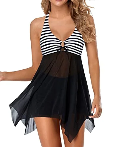 Ladies Mesh Tummy Control 2 Piece Swim Dress With Boyshorts-Black And White Stripe Playful Pattern Swimsuit