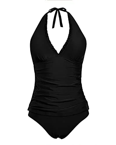 Halter Tankini Swimsuits Tummy Control Two Piece Ruffle V Neck Bathing Suits-Black Sleek Mesh Bikini