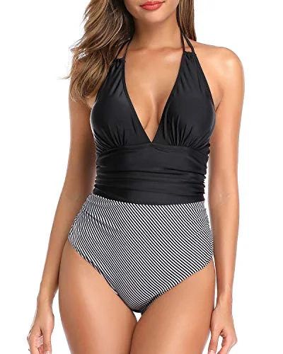 Plunge V Neck Women One Piece Swimsuit Tummy Control Halter Bathing Suit-Black Stripe Beachy Ruffle Bikini