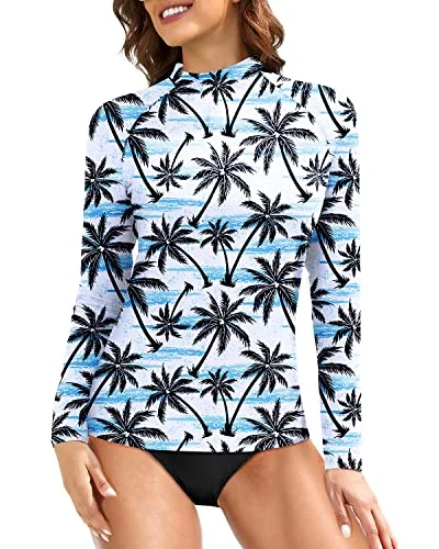 Sun Protection Swim Shirt Swimsuit Top Long Sleeve Swim Shirts For Women-Black Palm Tree Swim Skirt Set