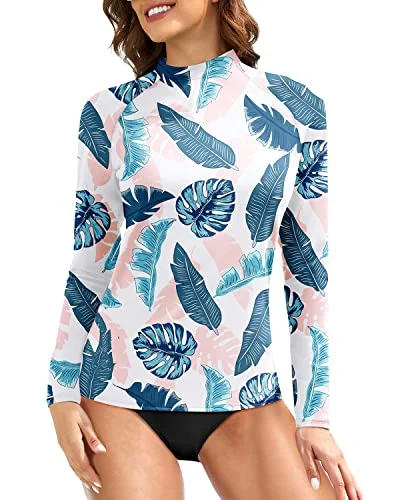 Long Sleeve Uv Upf 50+ Sun Protection Swim Shirts For Women-Blue And Pink Leaf Floral Bikini Top