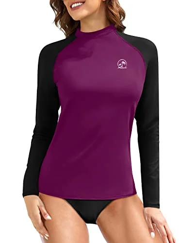 Raglan Sleeve And Crew Neck Long Sleeve Swim Shirts For Women-Maroon Bold Color Swimsuit