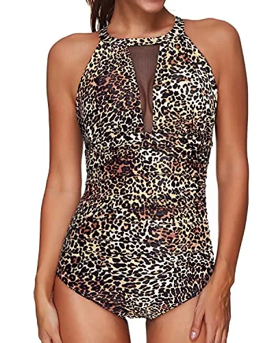 Halter High Neck Mesh Tummy Control One Piece Swimsuit-Leopard Elegant Ruffled Bikini